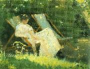 kunstnerens hustru siddende i en havestol i deres have pa skagen Peter Severin Kroyer